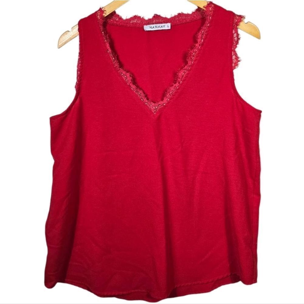 HARHAY Red Lace Trimmed Tank Size Large